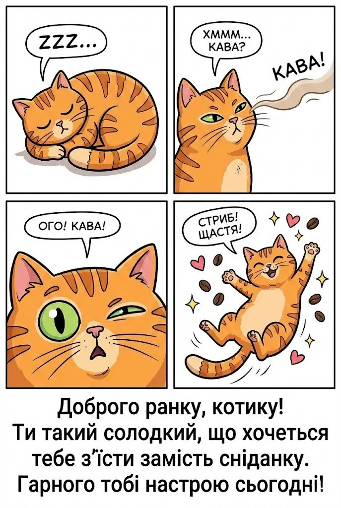 Доброго ранку, котику мій: найтепліші листівки та щирі побажання для гарного дня