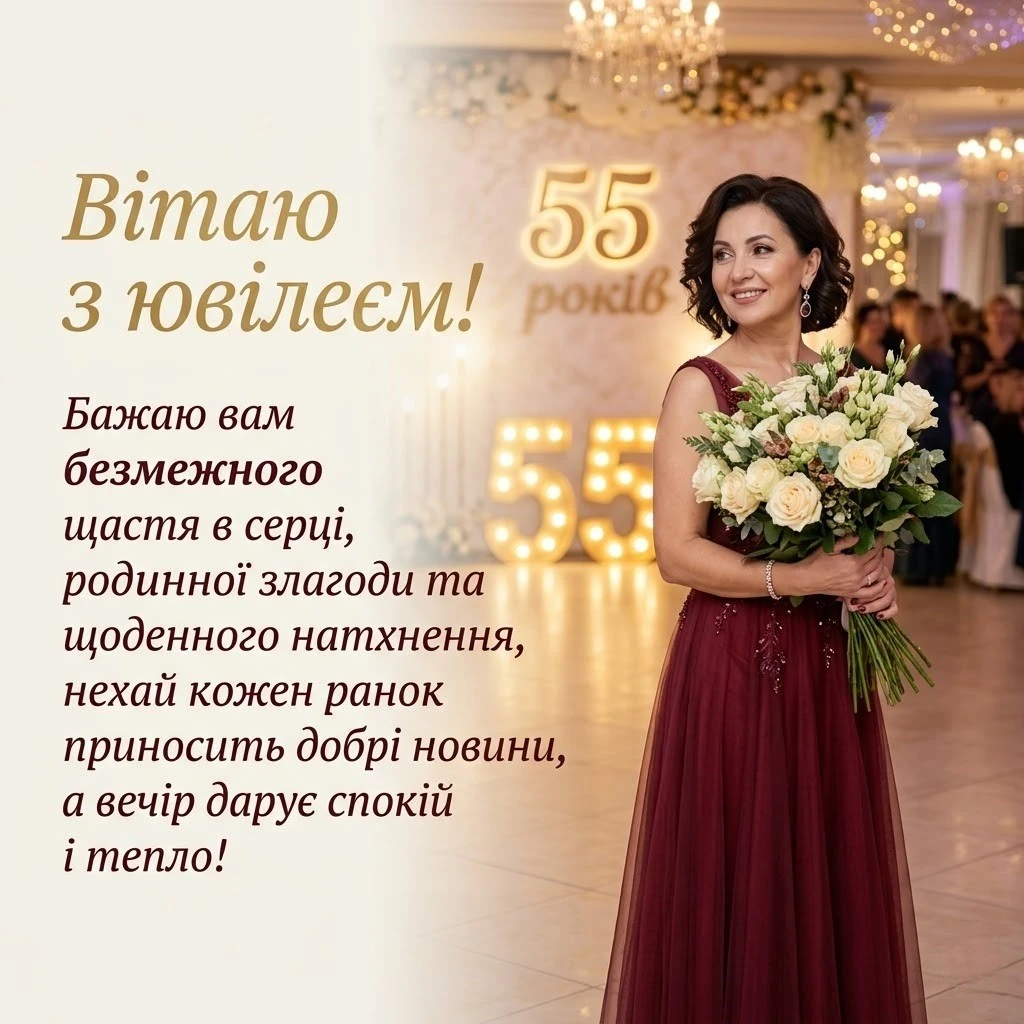 Найкращі вітання з ювілеєм 55 років жінці, які запам’ятаються назавжди